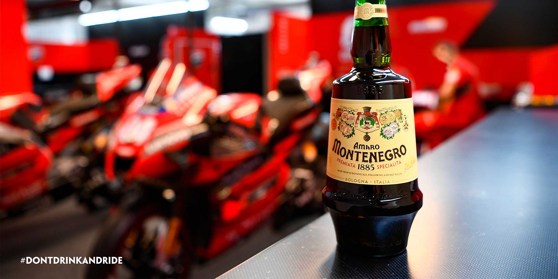 A view of the Ducati Corse and Amaro Montenegro collaboration in support of the "Don't Drink and Ride" campaign
