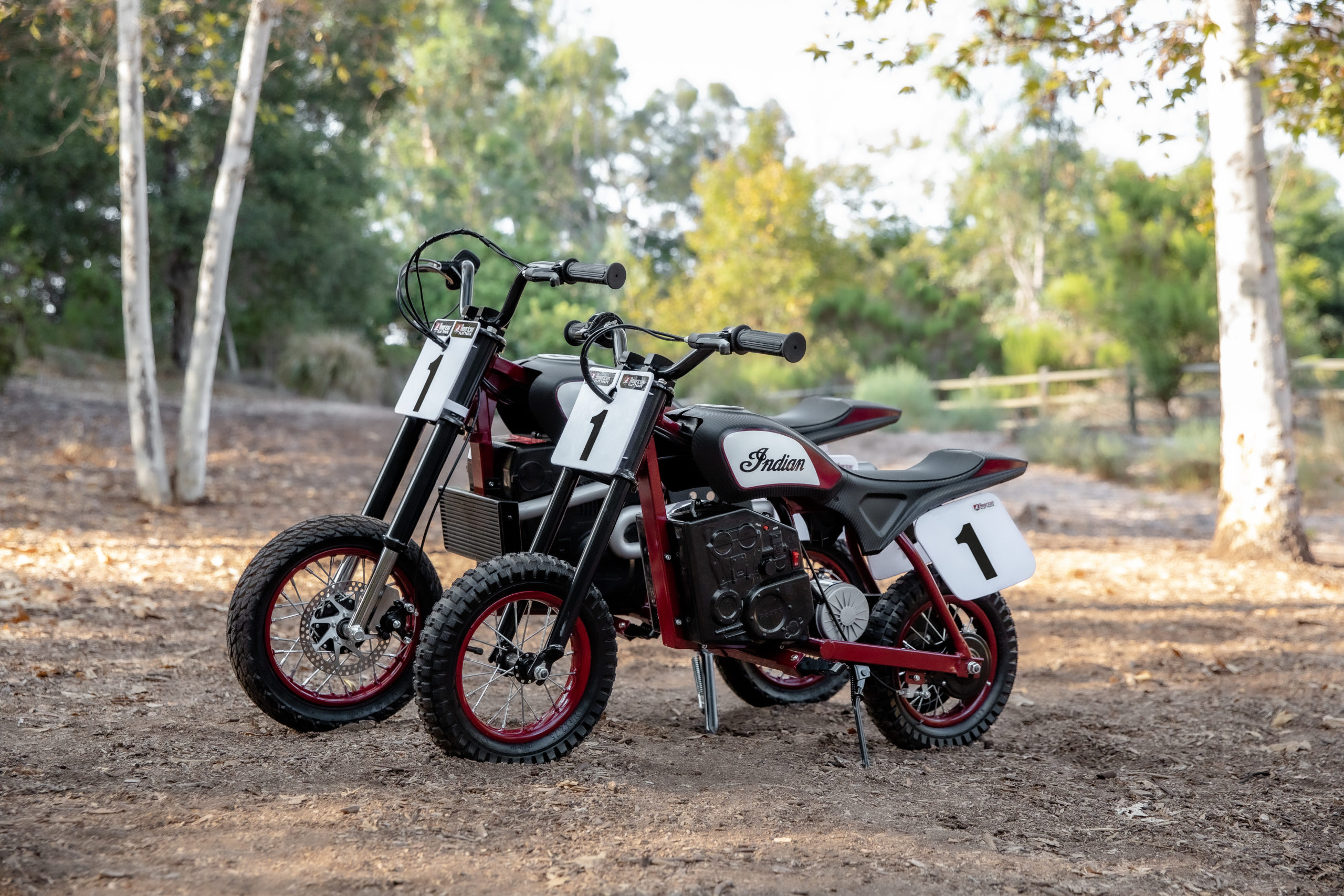 A side view of two new sFTR Mini motorcycles from Indian Motorcycles - an electric-youth bike available to the smaller riding community