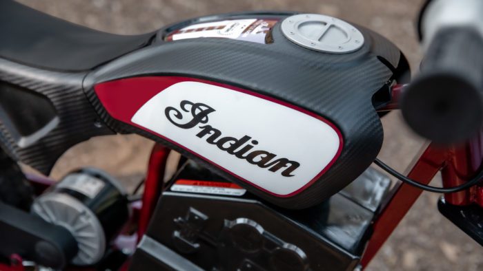 A close-up of the tank on the new sFTR Mini motorcycle from Indian Motorcycles - an electric-youth bike available to the smaller riding community