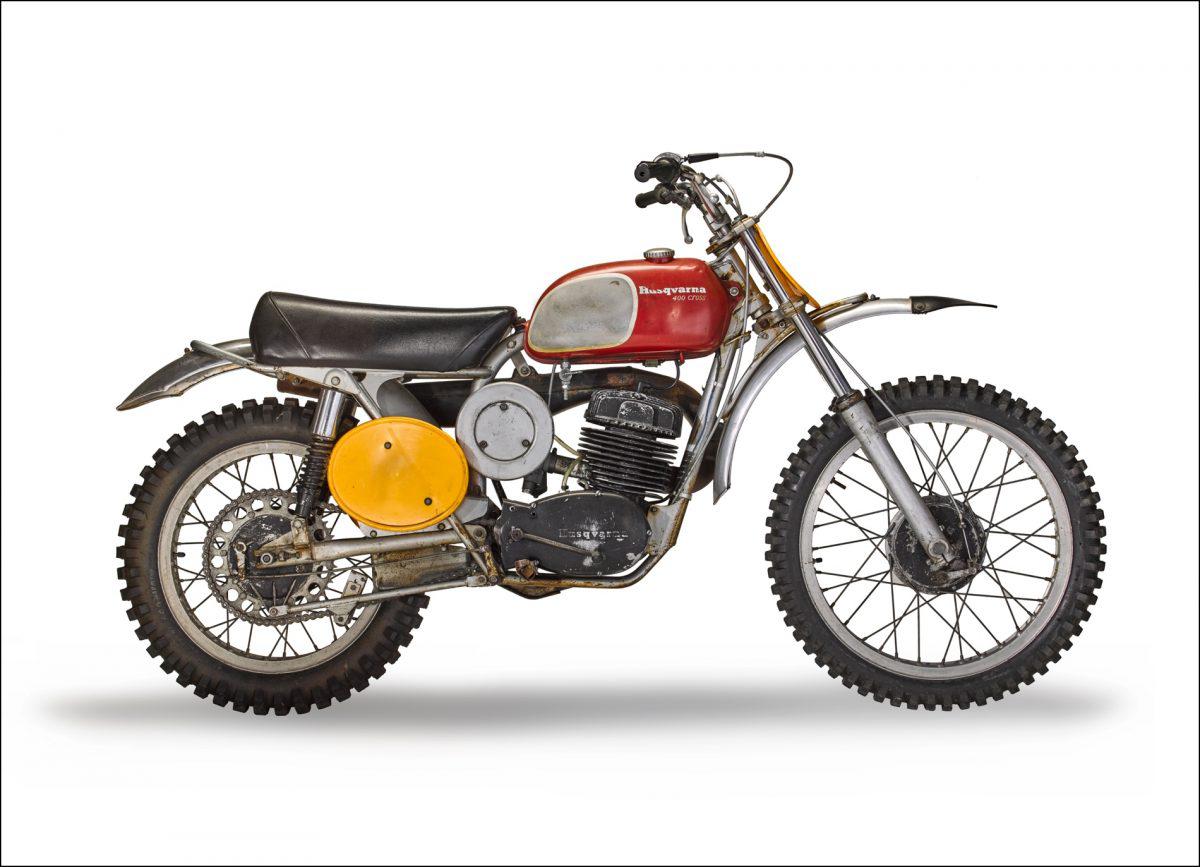 A side view of the iconic 1971 Husqvarna 400 Cross, used by Steve McQueen in the movie hit, On Any Sunday