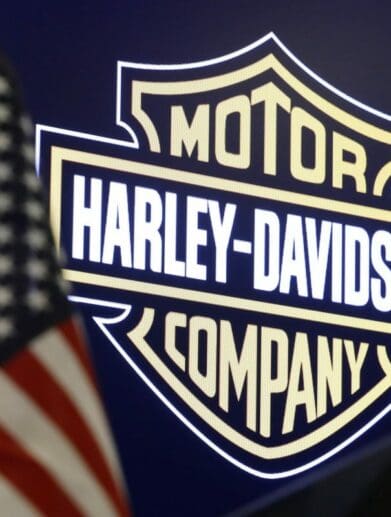 A view of the Harley-davidson logo with an American flag in front of it
