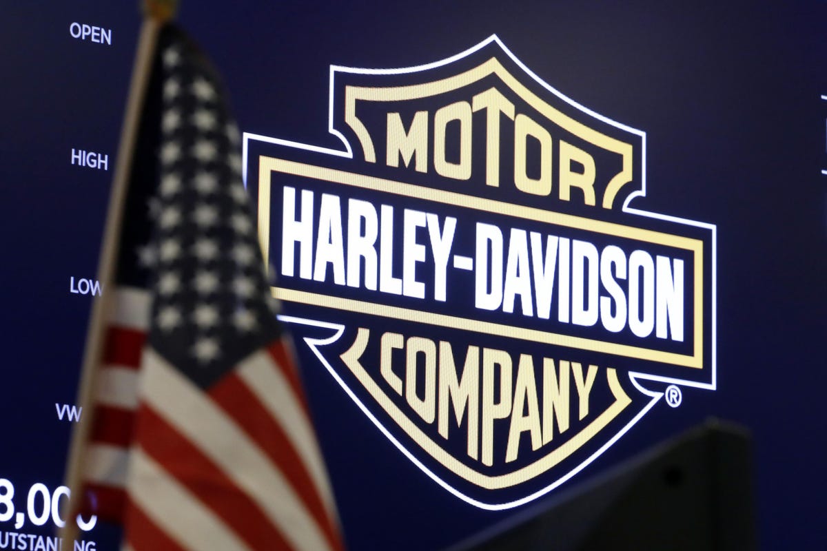A view of the Harley-davidson logo with an American flag in front of it