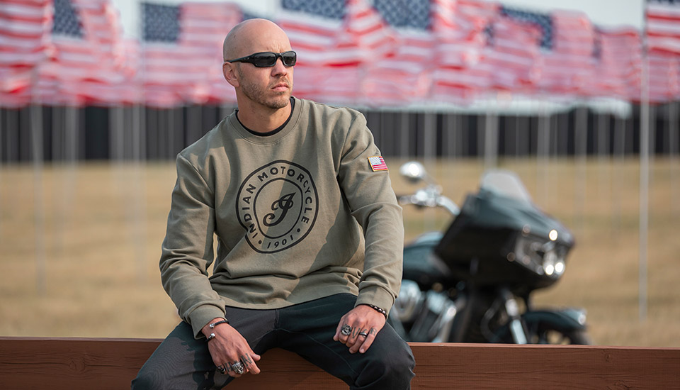 A view of the Military-themed clothing line from Indian Motorcycles in commemoration of vets associated with the Veterans Charity Ride