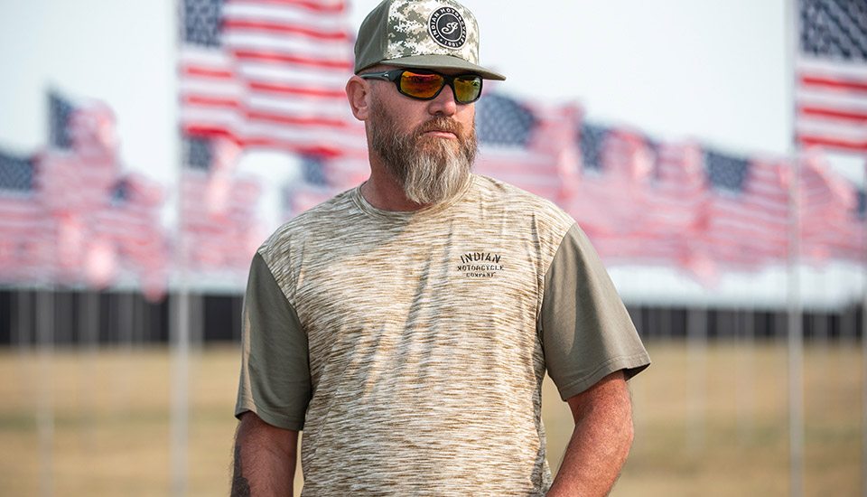 A view of the Military-themed clothing line from Indian Motorcycles in commemoration of vets associated with the Veterans Charity Ride