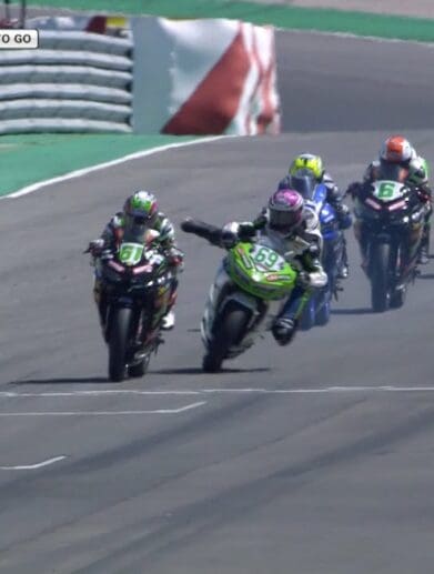 WorldSSP300: A lineup of riders leaning into the twisties