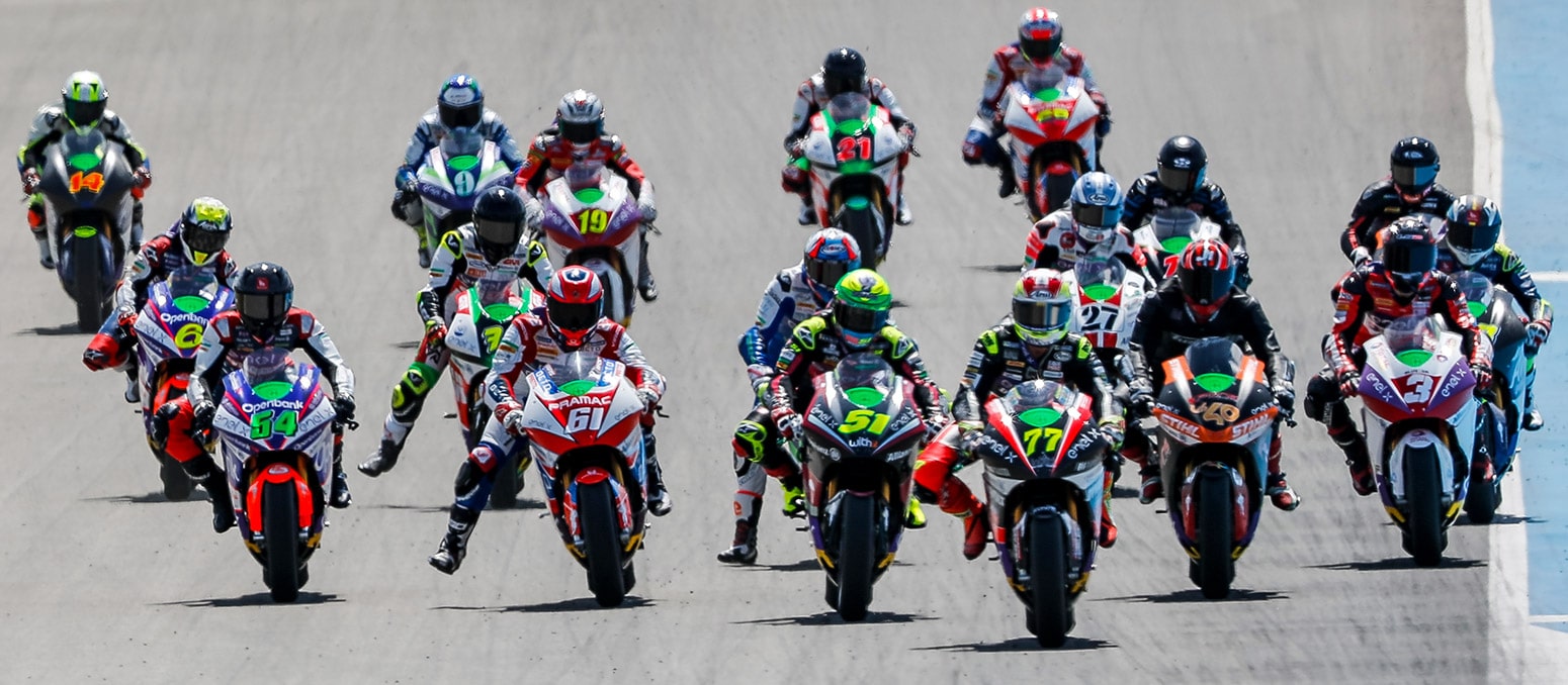 A view of racers in the 2020 MotoE series run by MotoGP and Dorna Sports