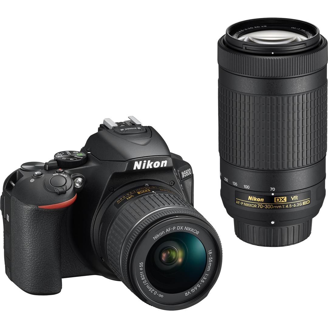 A Nikon D5600 DSLR camera and zoom lens