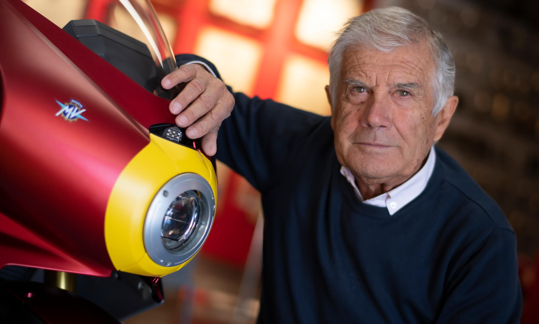 A view of Giacomo Agostini next to the new Special Edition Superveloce Ago created in commemoration of Giacomo Agostini