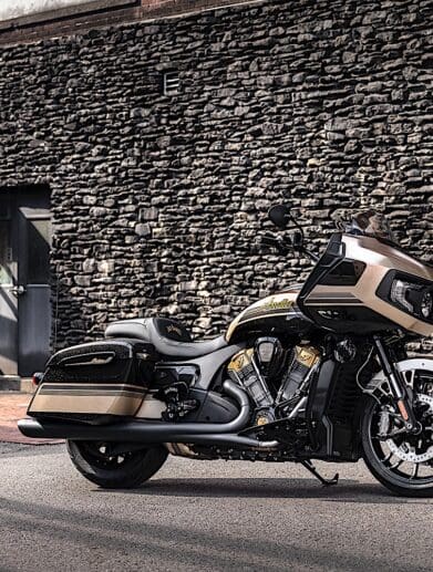 A side view of the Limited Edition Indian Challenger Dark Horse created in partnership with Jack Daniels and the Klock Werk Custom Cycles Shop