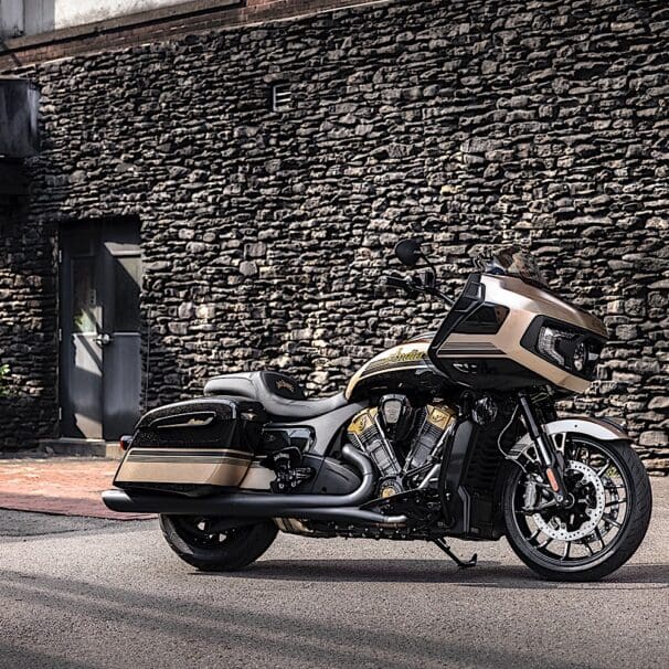 A side view of the Limited Edition Indian Challenger Dark Horse created in partnership with Jack Daniels and the Klock Werk Custom Cycles Shop