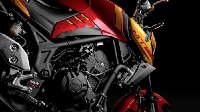A close up of the side of the new Iron Man-themed MT-03 from Yamaha Brazil