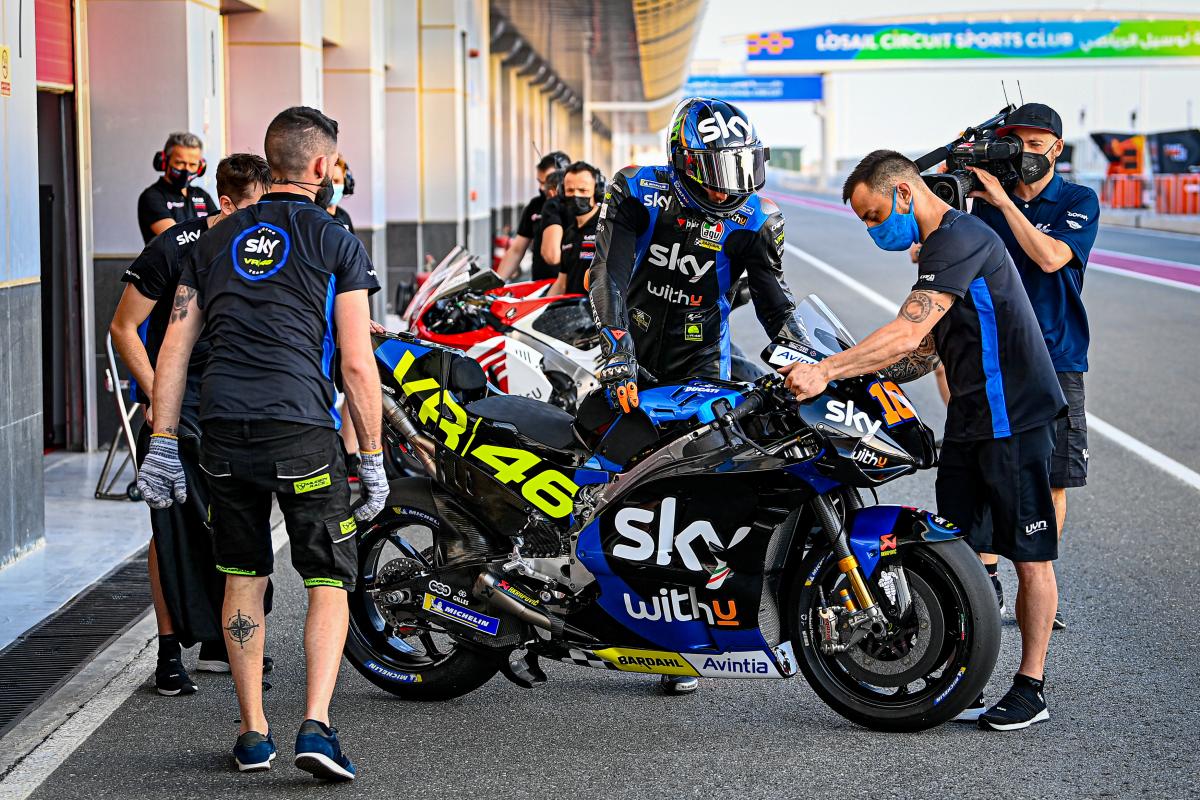 A view of the riders from the VR46 Team leaning into the twisties