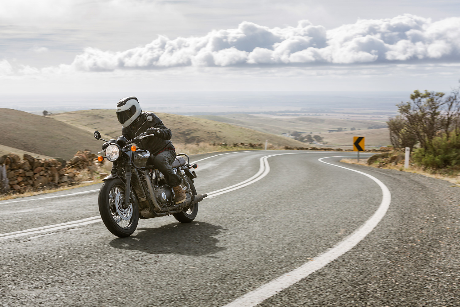 Triumph T120 motorcycle on a country road in South Australia
