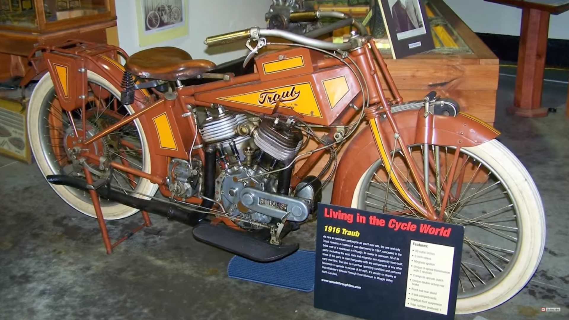 A view of the Traub motorcycle - a machine estimated to be from 1916 and a one-of-a-kind mystery that has yet to be solved to this day