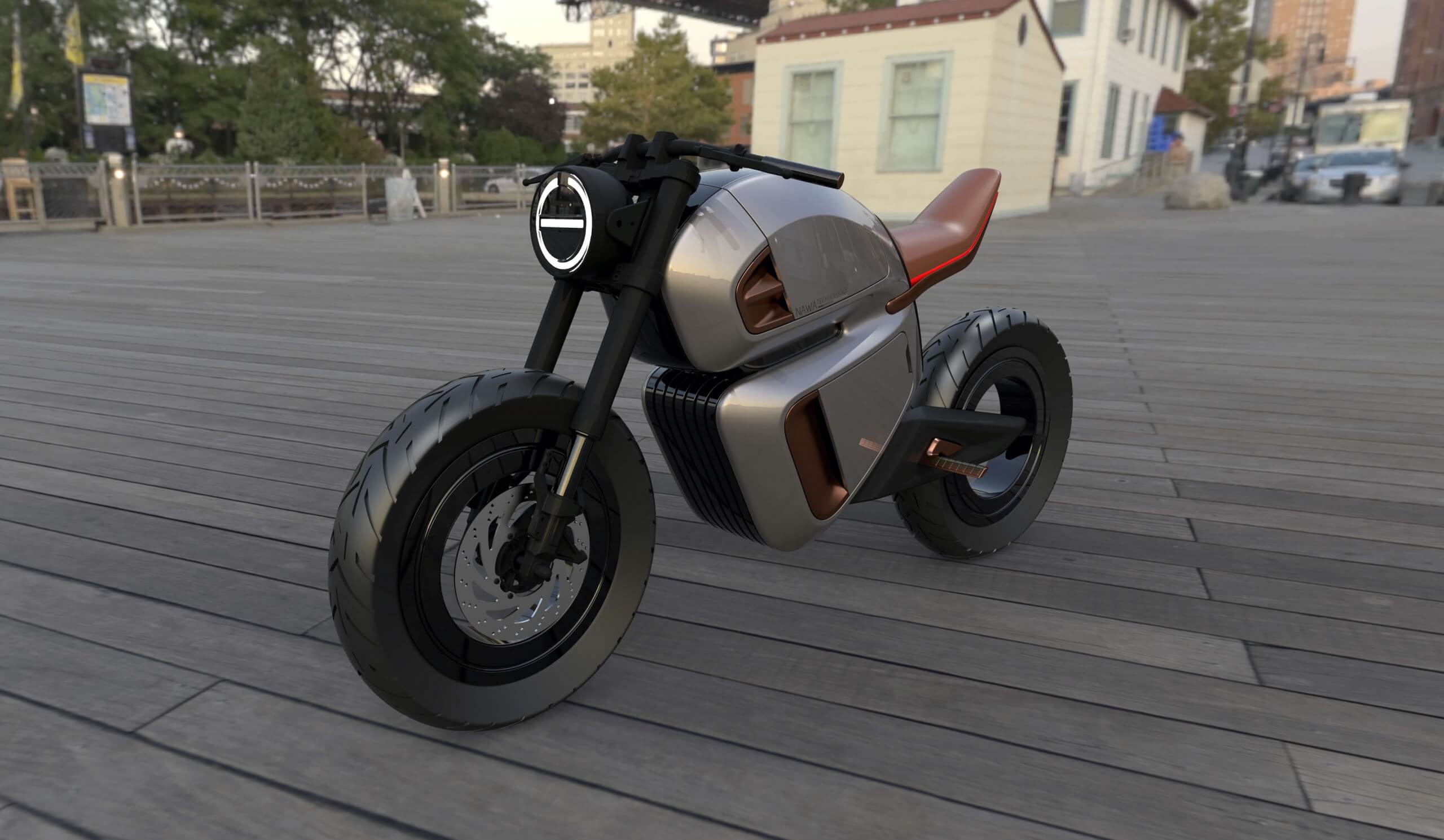 A view of the world's first hybrid electric motorcycle, available from NAWA and debuting as an electric motorbike concept for 2021 EICMA: Press release media, side front view