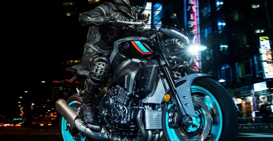 Yamaha's 2022 MT10, with a rider trying the machine out on the road
