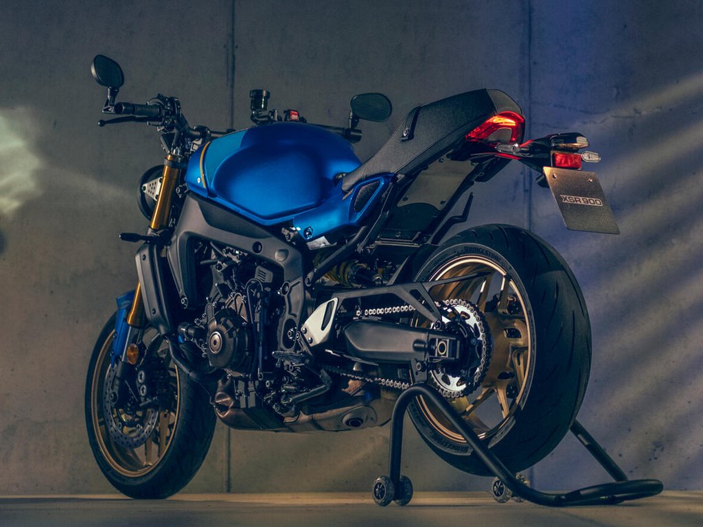 A rear-left view of the all-new 2022 Yamaha XSR900