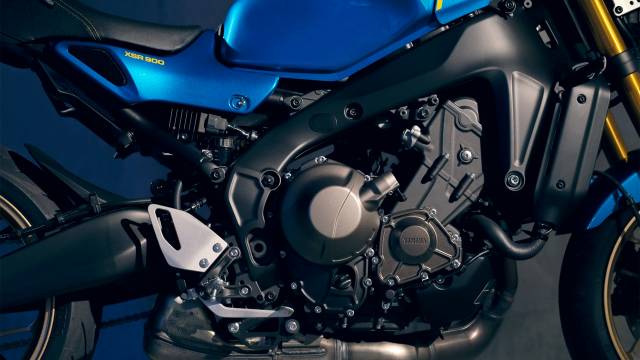 A close-up of the transverse triple engine housed in the all-new 2022 Yamaha XSR900