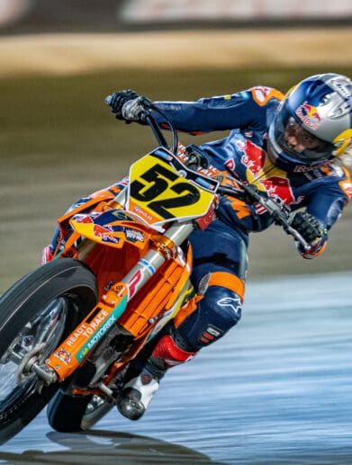 A view of Shayna Texter-Bauman doing her work on the American Flat Track