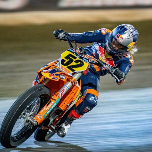 A view of Shayna Texter-Bauman doing her work on the American Flat Track