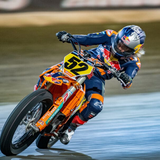 A view of Shayna Texter-Bauman doing her work on the American Flat Track