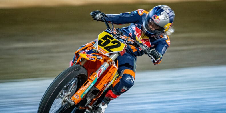 A view of Shayna Texter-Bauman doing her work on the American Flat Track