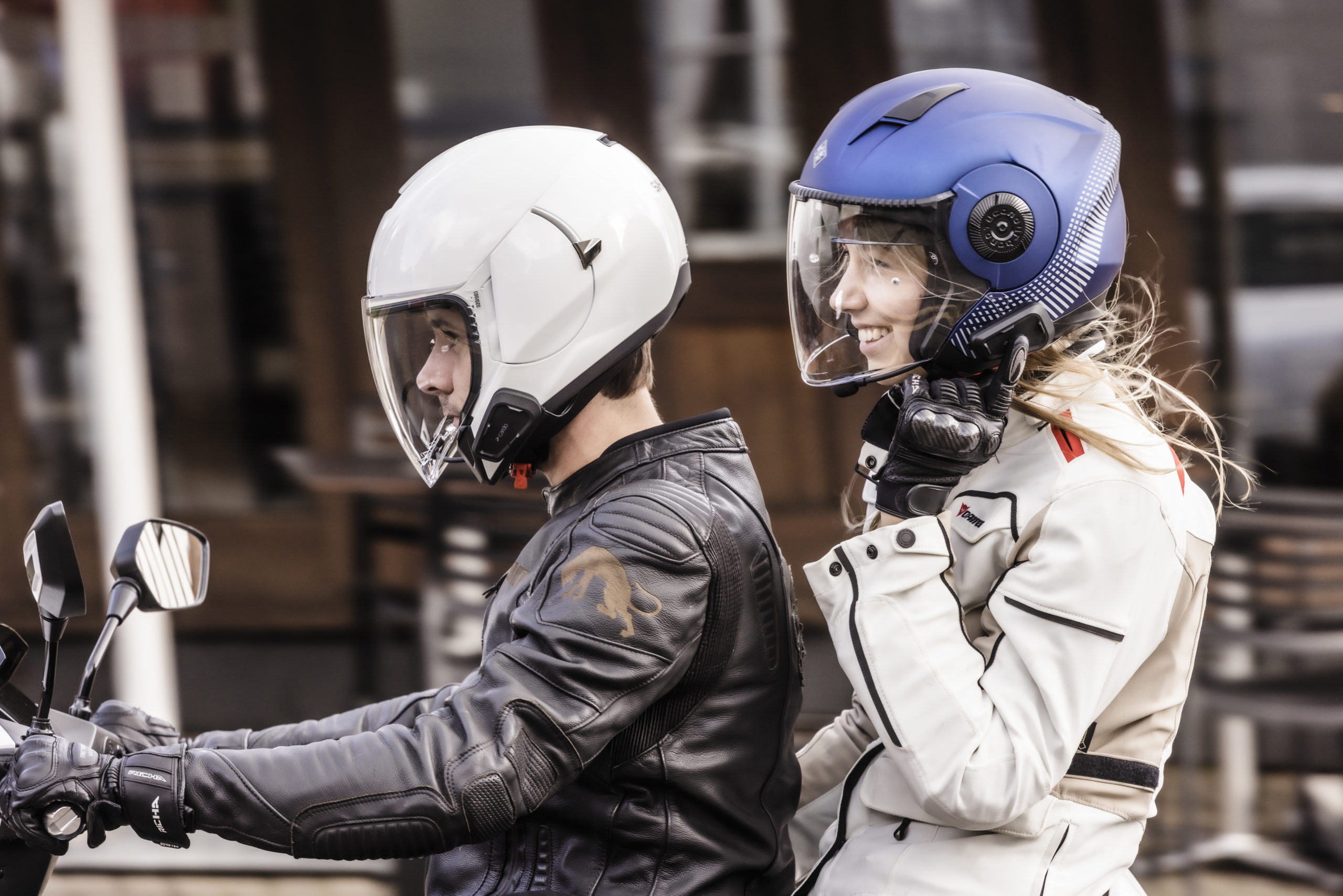 A view of two riders using the new Cardo Systems Bluetooth Communicators