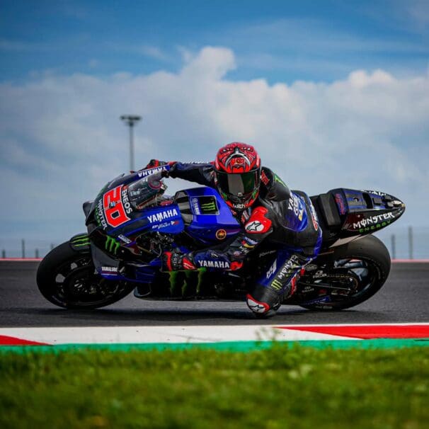 A view of Fabio Quatararo riding his bike at a MotoGP event