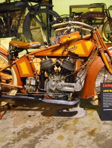 A view of the Traub motorcycle - a machine estimated to be from 1916 and a one-of-a-kind mystery that has yet to be solved to this day