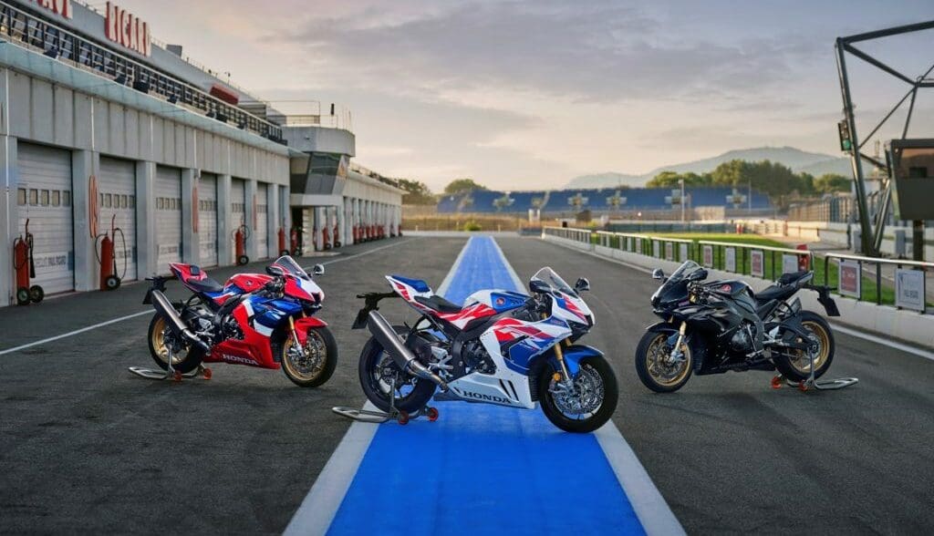 A side view of Honda's 30th Anniversary Limited Edition CBR1000RR-R Fireblade SP, all three colours