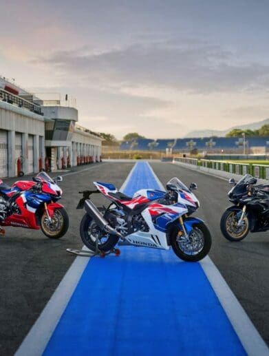A side view of Honda's 30th Anniversary Limited Edition CBR1000RR-R Fireblade SP, all three colours