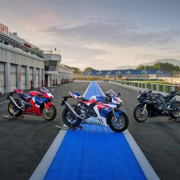 A side view of Honda's 30th Anniversary Limited Edition CBR1000RR-R Fireblade SP, all three colours