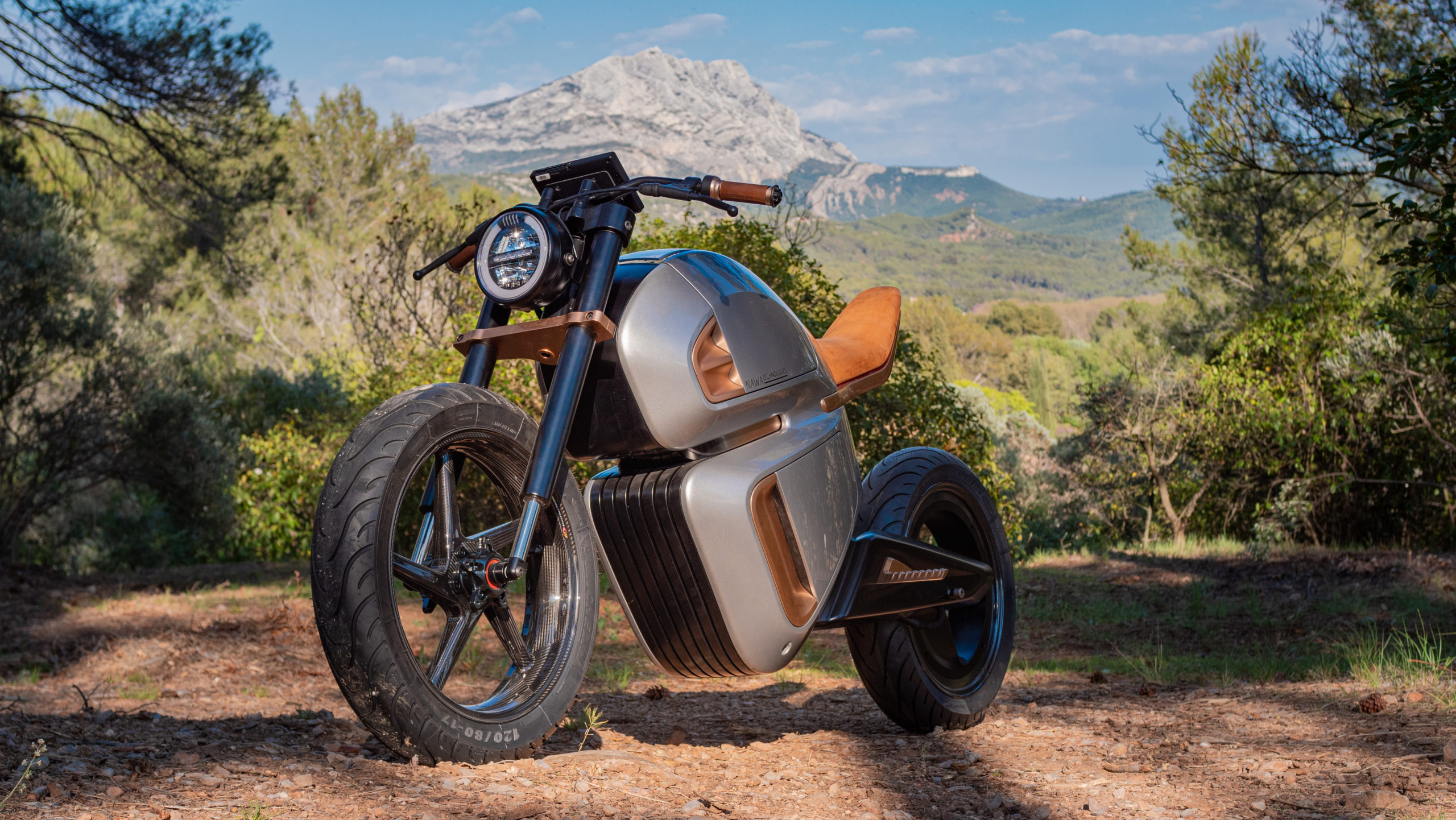 A view of the world's first hybrid electric motorcycle, available from NAWA and debuting as an electric motorbike concept for 2021 EICMA: Press release media, side front view