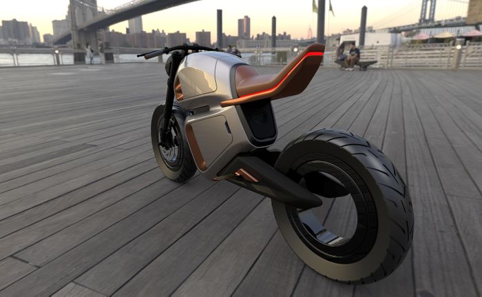 A view of the world's first hybrid electric motorcycle, available from NAWA and debuting as an electric motorbike concept for 2021 EICMA: Press release media, rear side view