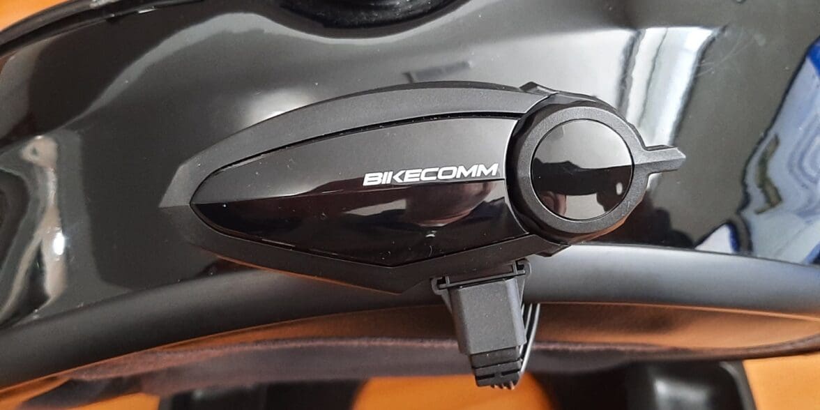 Close up of Bikecomm BK-S2 system on black helmet