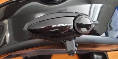 Close up of Bikecomm BK-S2 system on black helmet