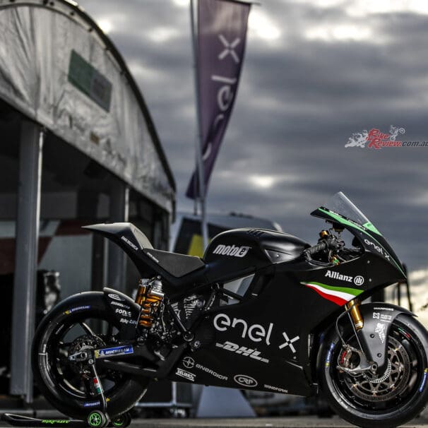 A side view of an Energica MotoE race bike