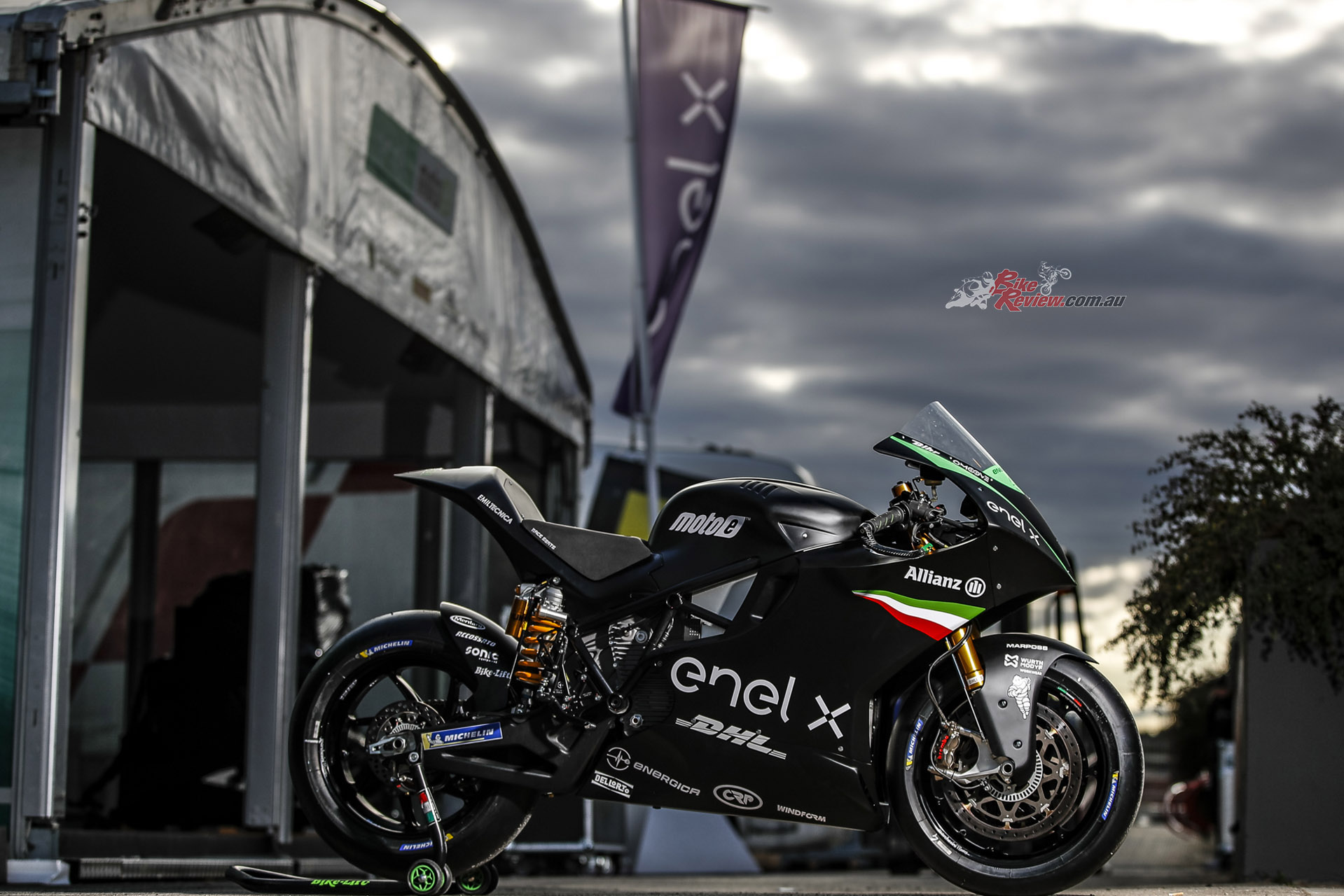 A side view of an Energica MotoE race bike