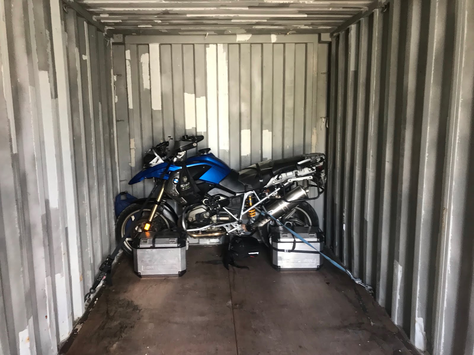 a motorcycle in a shipping container