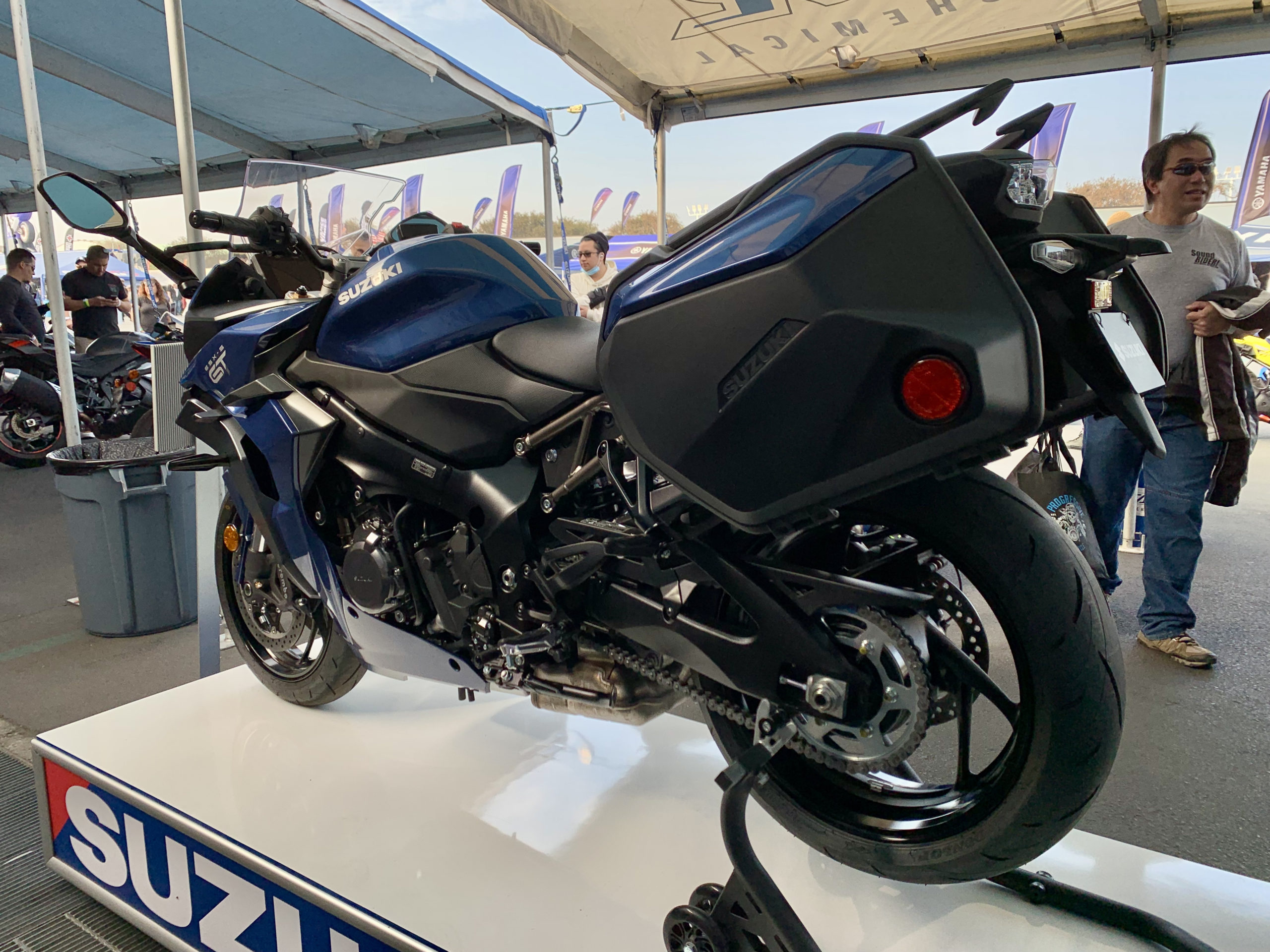 Close up of side view of Suzuki GSX-S1000GT at IMS Outdoors in 2021