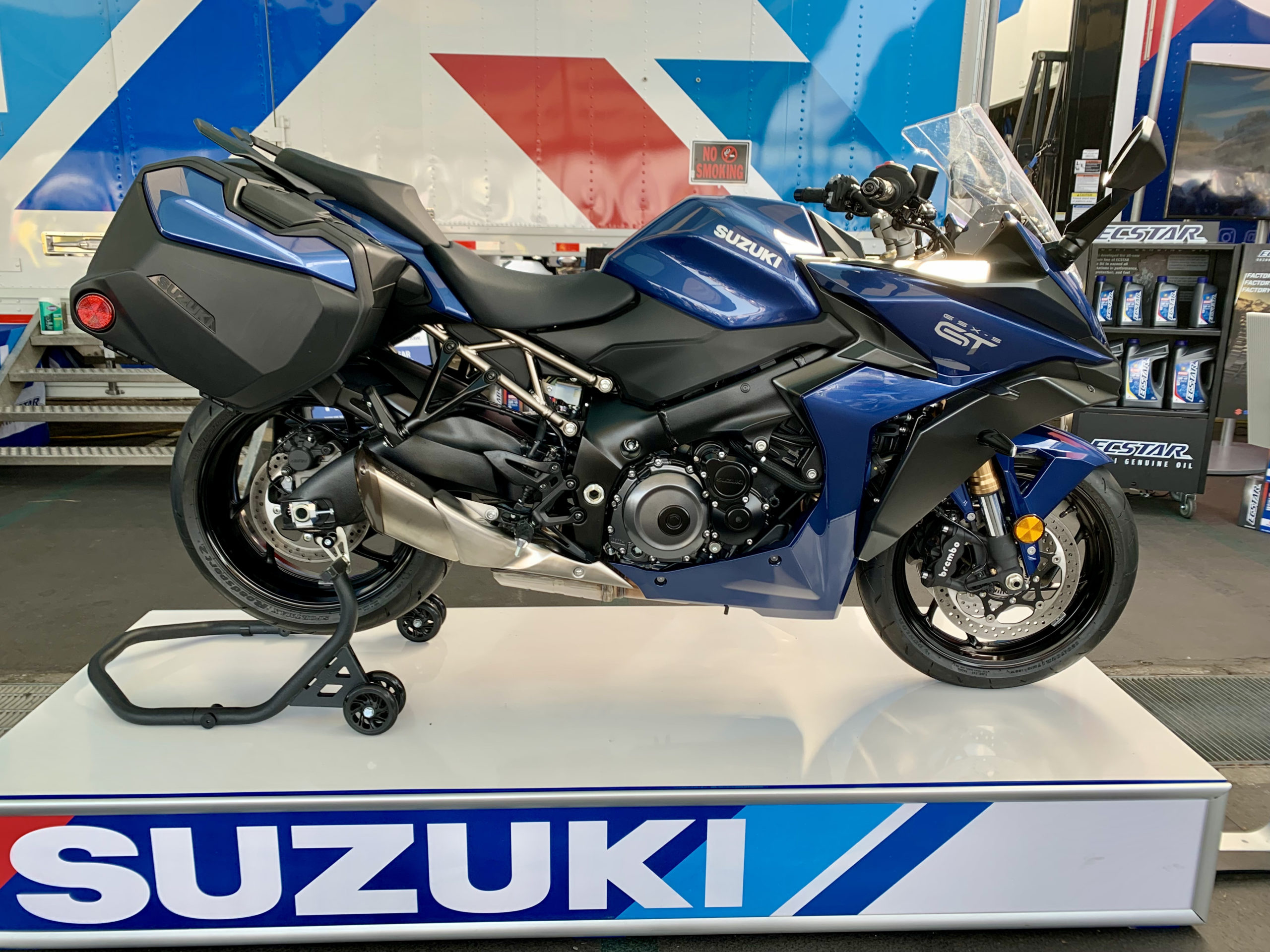 Side of Suzuki GSX-S1000GT on stand at IMS Outdoors 2021