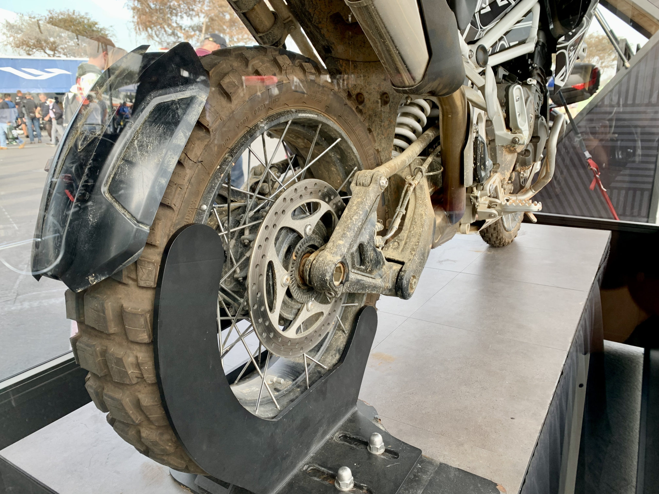 Close up of rear tire for Triumph Tiger 1200 at IMS Outdoors 2021