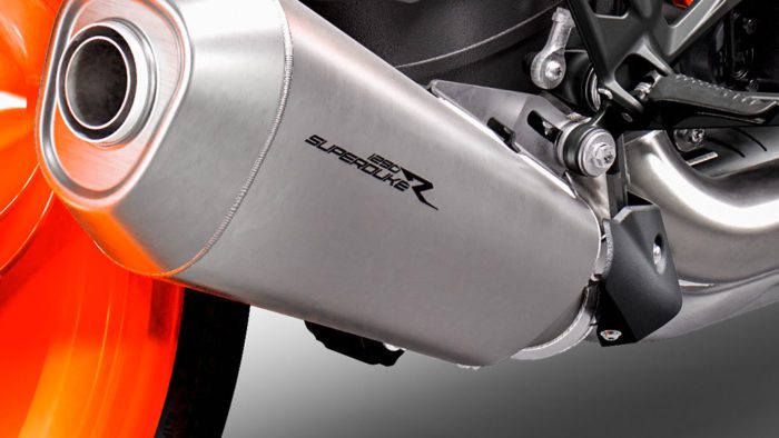 A view of the exhaust on the all-new 2022 KTM Super Duke R EVO A view of the exhaust on the all-new 2022 KTM Super Duke R EVO