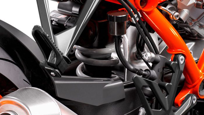 A view of the rear shock on the all-new 2022 KTM Super Duke R EVO A view of the rear shock on the all-new 2022 KTM Super Duke R EVO