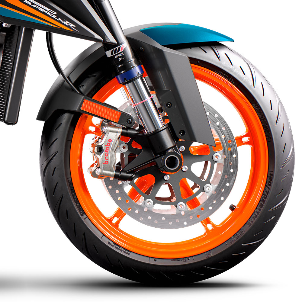 A view of the front tire on the all-new 2022 KTM Super Duke R EVO A view of the front tire on the all-new 2022 KTM Super Duke R EVO