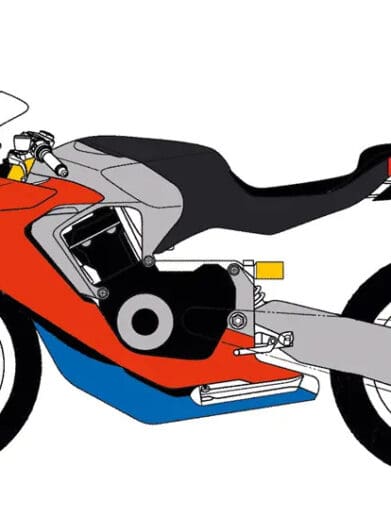 A side view of the design patent from Honda of a single-shelled, monocoque frame