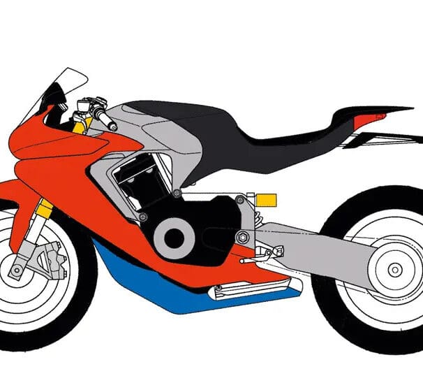 A side view of the design patent from Honda of a single-shelled, monocoque frame