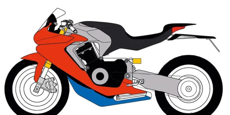 A side view of the design patent from Honda of a single-shelled, monocoque frame