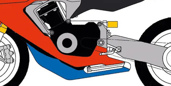 A side view of the design patent from Honda of a single-shelled, monocoque frame with focus on where everything bolts to the engine