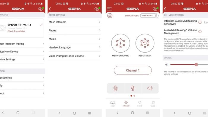 Screenshot of Sena Ride Connected App with menus visible Screenshot of Sena Ride Connected App with menus visible